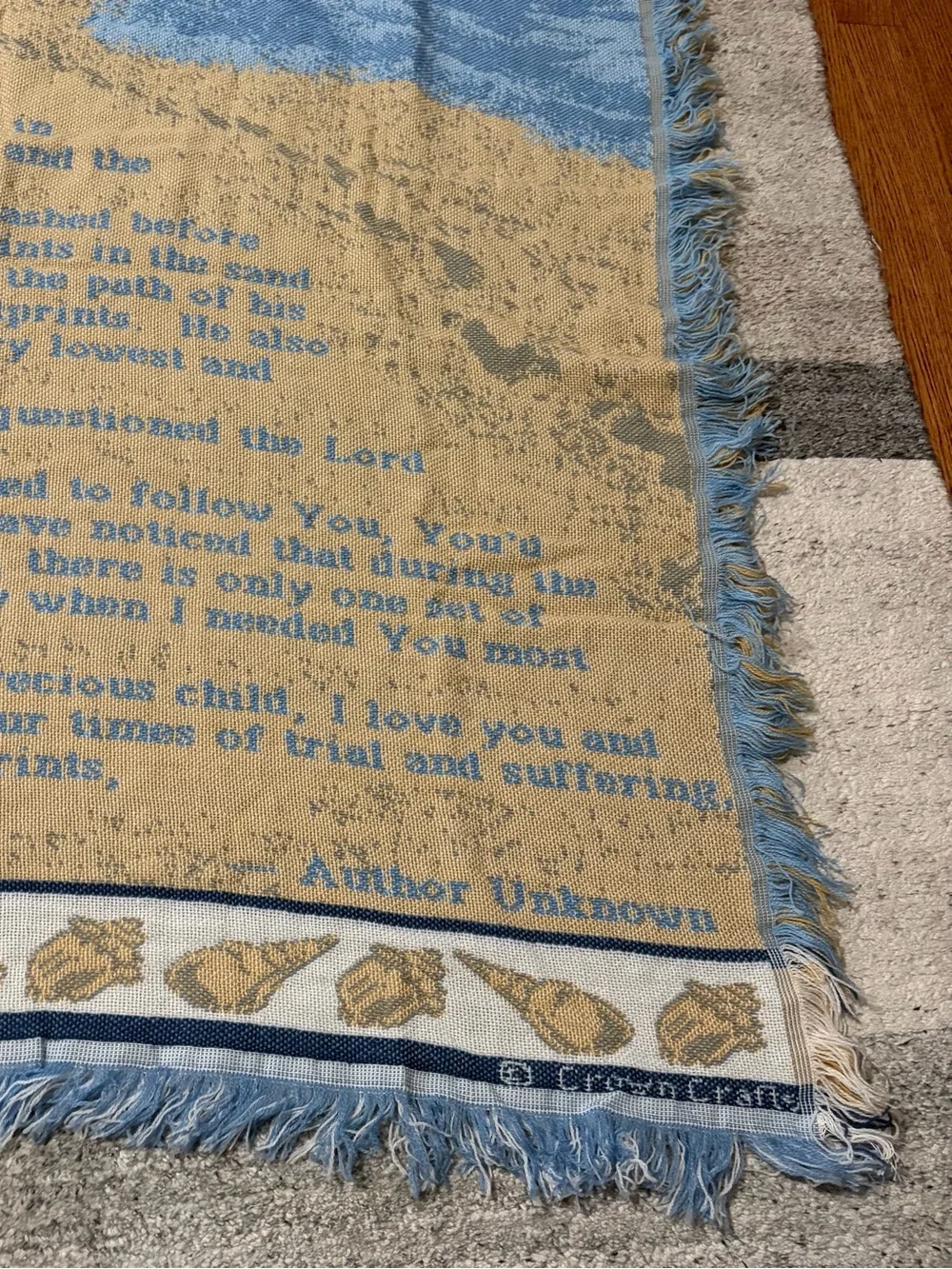 Vtg Footprints/Walk with Thee Jacquard Woven Throw Blanket Tapestry Style 51x41